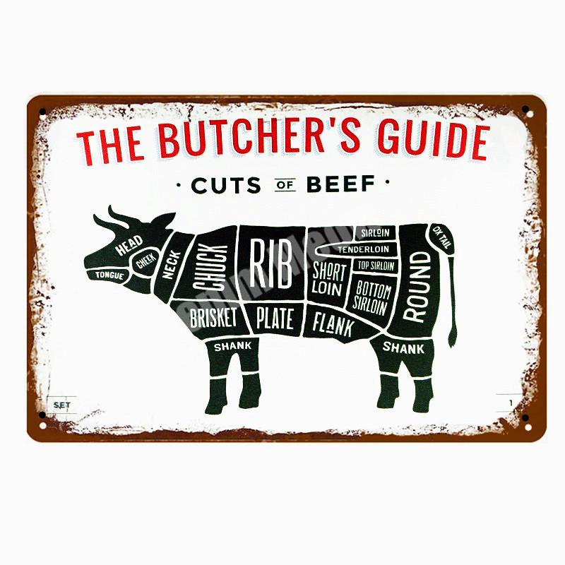 BUTCHER'S GUIDE Vintage Metall Zeichen Küche Dekorative Platten Plaque Cut Rindfleisch Pferd Huhn Schwein Poster Ente Wand Aufkleber N265