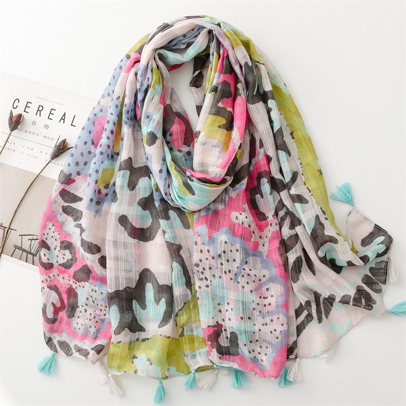 Vier Jahreszeiten Weiche Baumwolle Leinen Handgefühl Schal Bambusgarn Gepunkteter Leopardenprint Camouflage Damen Reiseschal