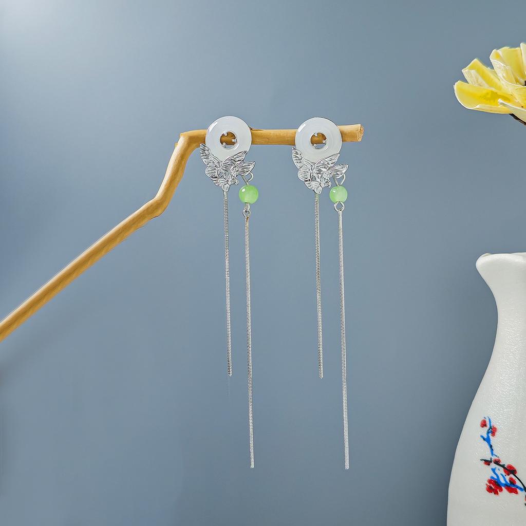 Antique Beaded Long Fringed Earrings, Chinese Hanfu Accessories, Flower Fan Bow Earrings.
