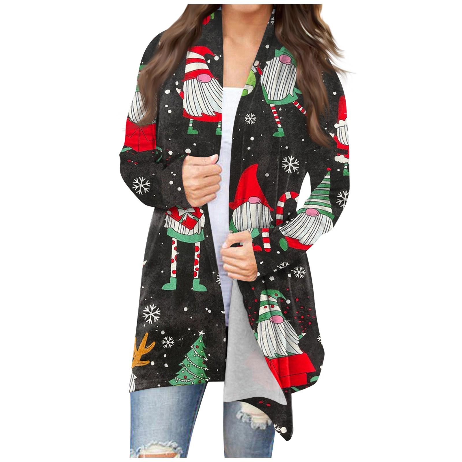 

Женская мода, повседневный рождественский принт, кардиган средней длины, куртка, пальто XL чёрный