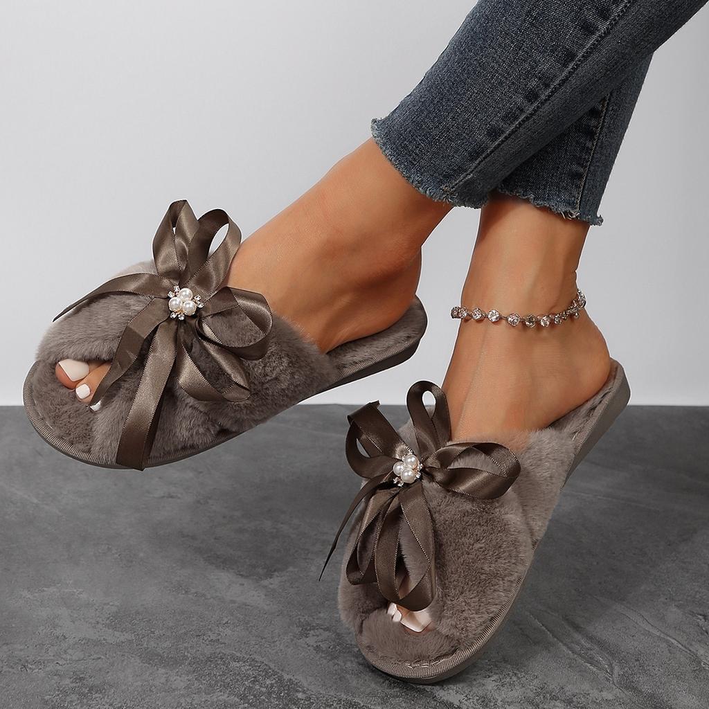 Winter Warm Slippers with Bow Indoor Cozy House Shoes for Women and Men