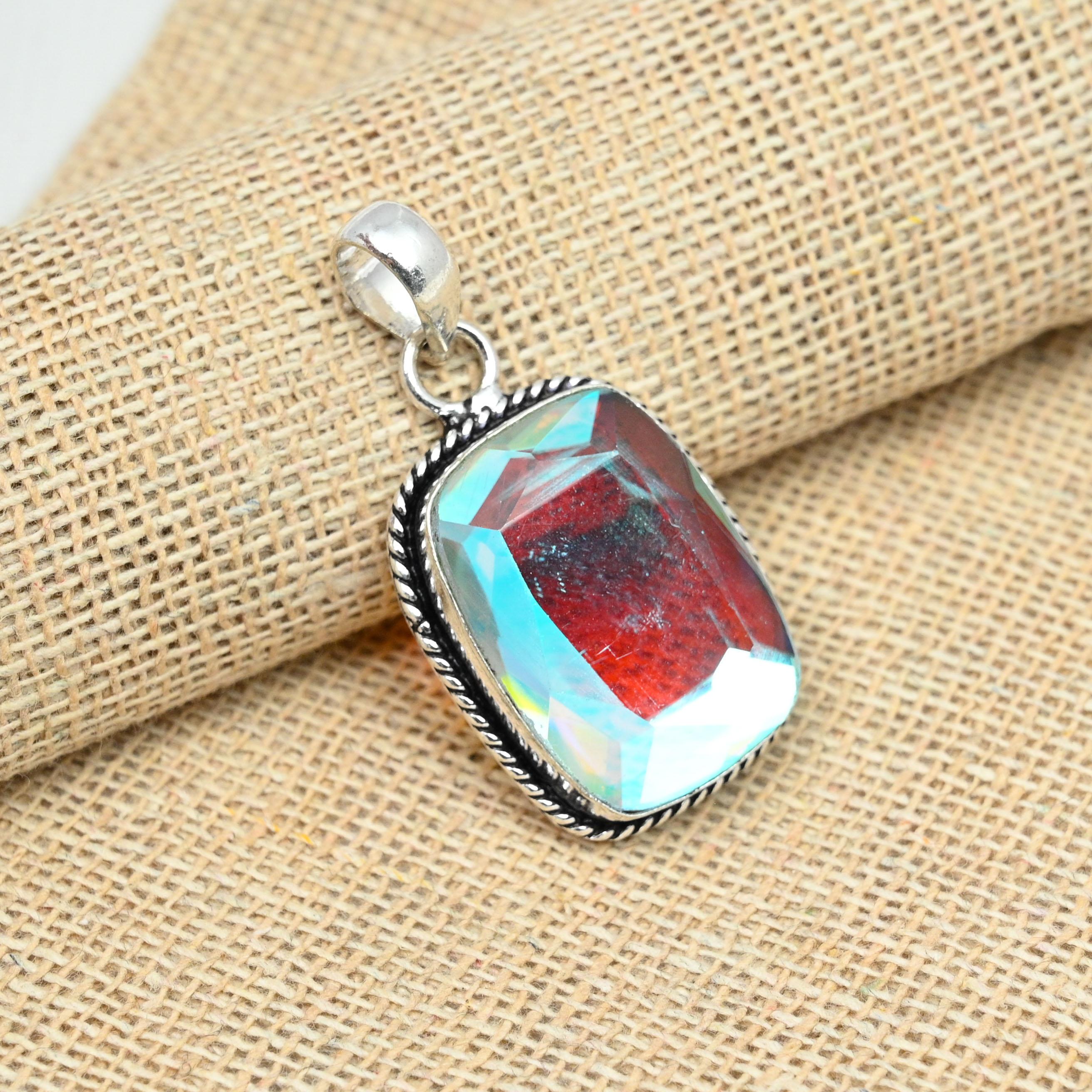 

Радужный мистический топаз Gemstone 925 Solid Silver Handmade Lovely Pendant Jewelry 1.57 Inches белый