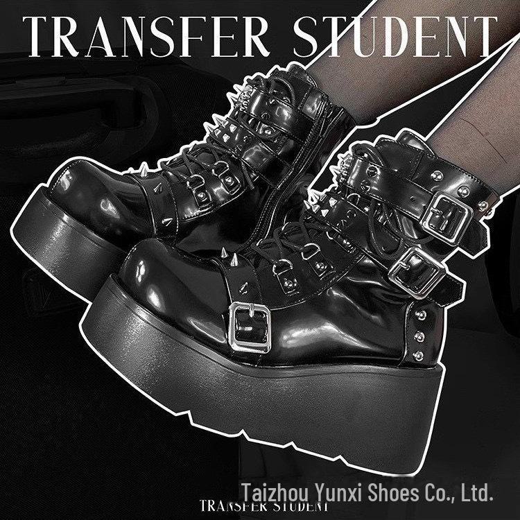 Demonia Thick-Soled Round-Toe Boots with Buckle and Lace-Up Design