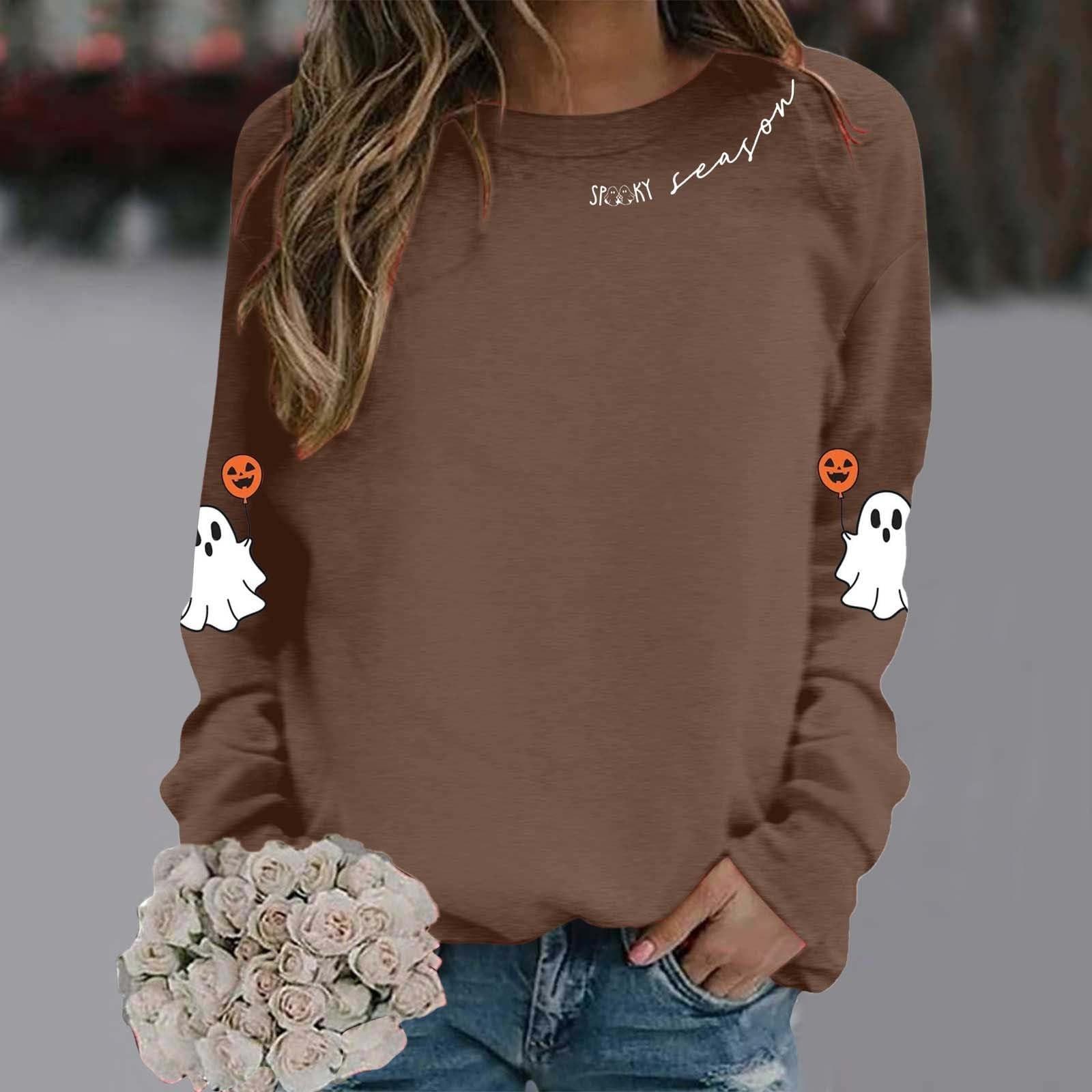 

Women s Fashion Casual Round Neck Long Sleeve Print T-shirt Top(Spooky Season) XL коричневый