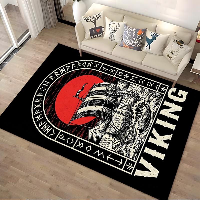 Viking Ship with Red Sun Design Non-slip Rug Suitable for Living Room and Bedroom Sofas