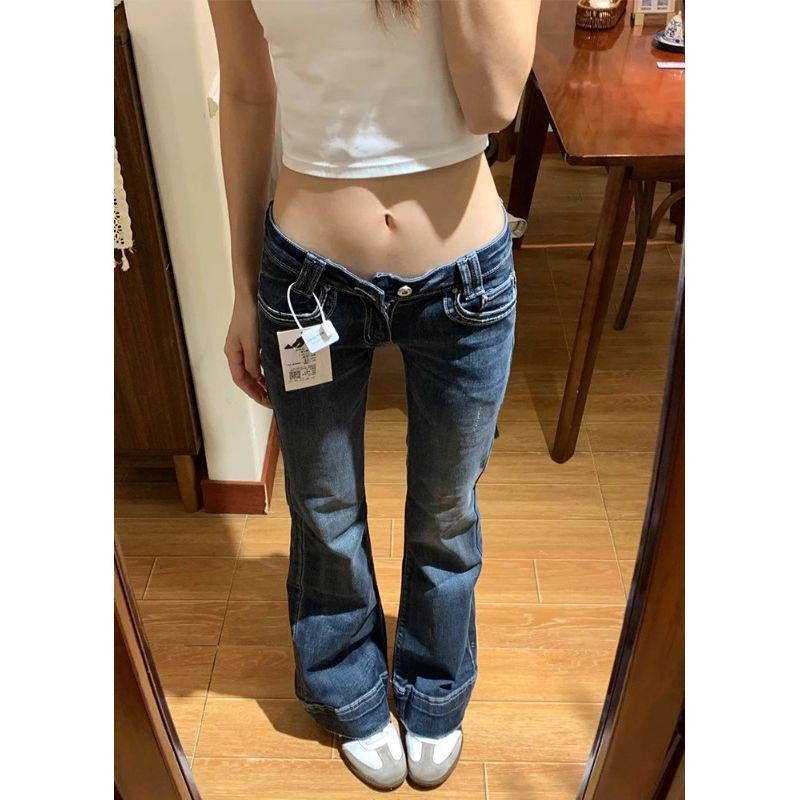 Women's Retro Dark Blue Low-Rise Distressed Micro-Flare Jeans - Slimming Body-Shaping Bell Bottoms for Autumn.