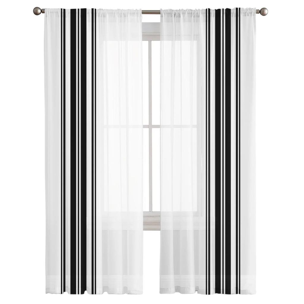Farmhouse Stripes Black And White Sheer Curtains for Living Room Bedroom Tulle Window Drapes for Kitchen Decoration