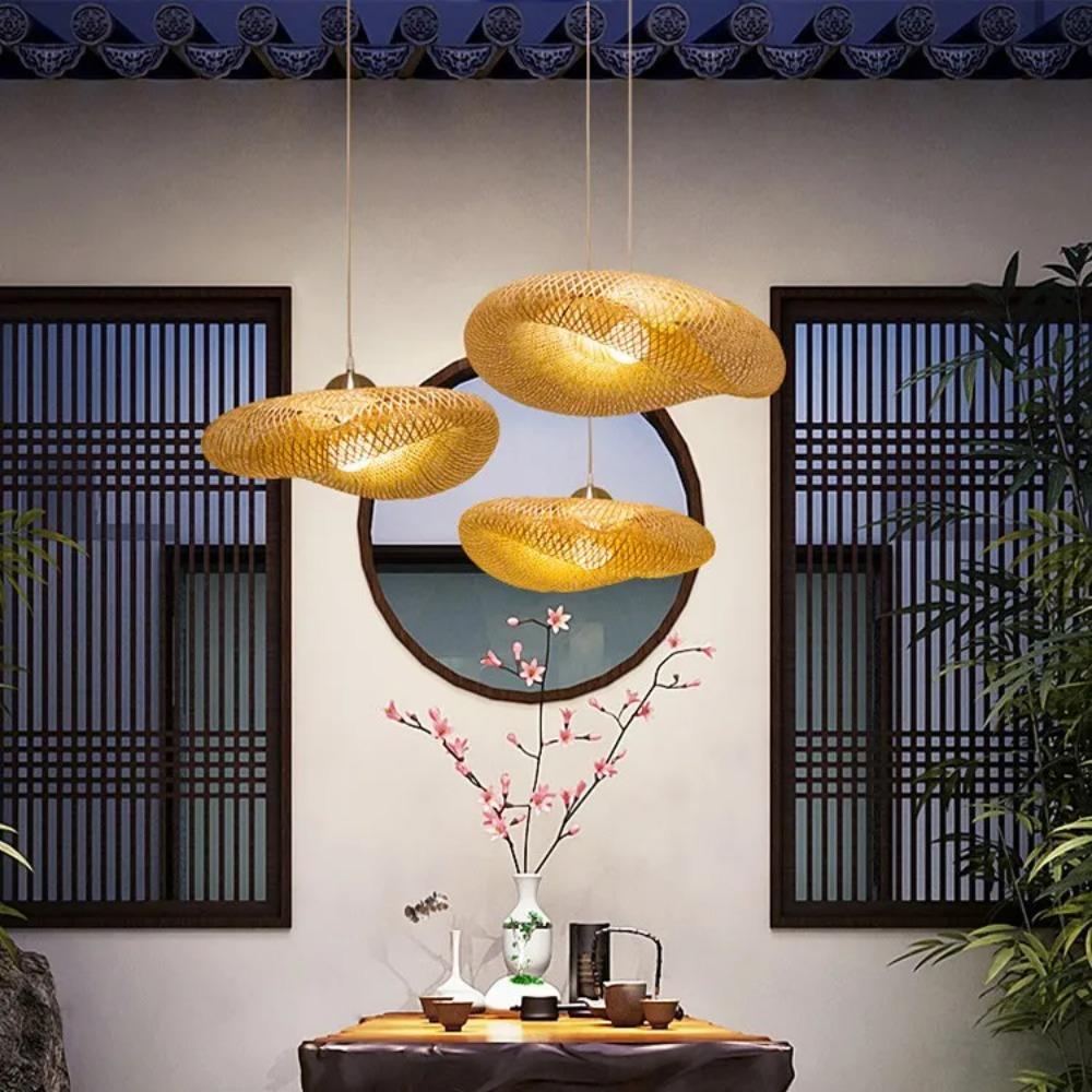 Bamboo Hanging Lamp Rattan Ceiling Pendant Light Asian Style Hanging Ceiling Fixture for Tearoom Restaurant Hotel