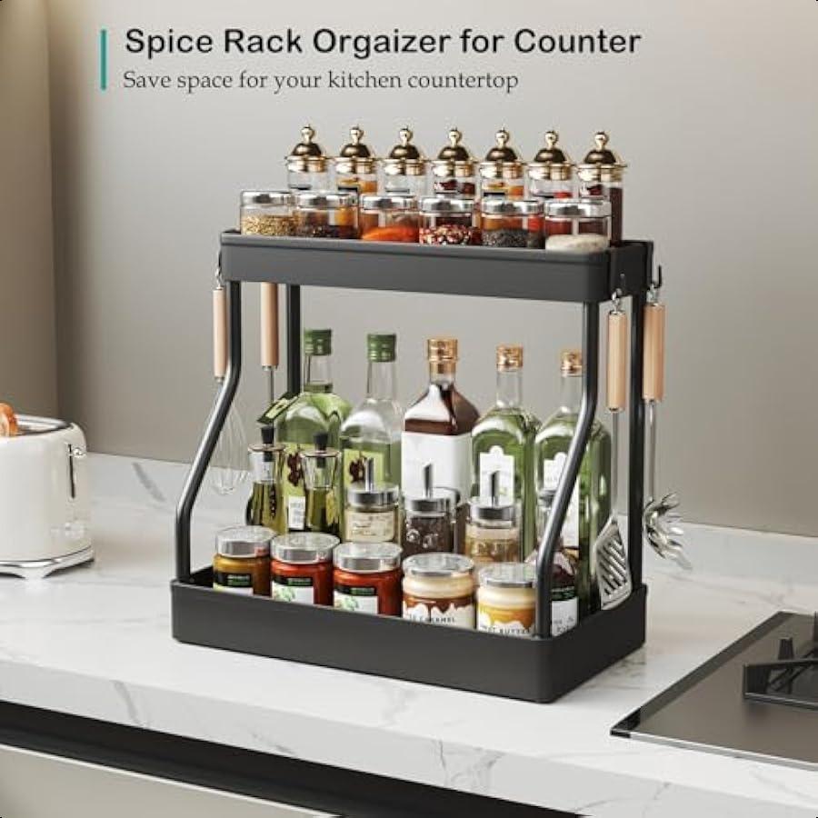 Coffee Stand Station Organizer for Countertop Spice Rack for Counter Kitchen Countertop Organizer Shelves with 4 Hooks 2 Tier L