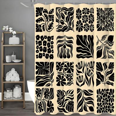 Black Floral Plant Collage Shower Curtain, Bathroom Decorative Shower Curtain, Waterproof Shower Curtain with Hooks