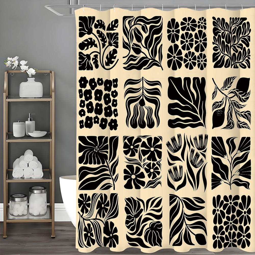 Black Floral Plant Collage Shower Curtain, Bathroom Decorative Shower Curtain, Waterproof Shower Curtain with Hooks