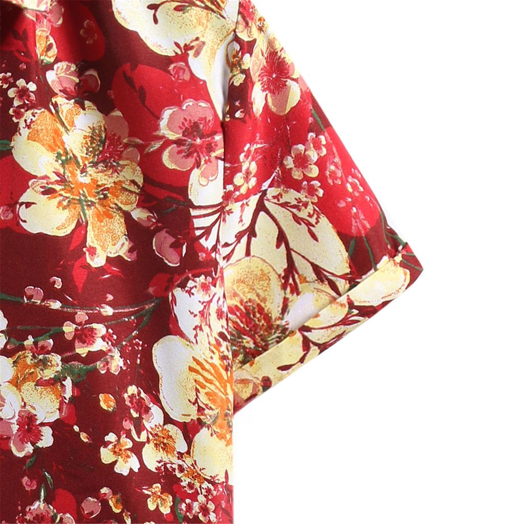 Men's Cardigan Short Sleeve Hawaiian Beach Flower Shirt Men's Turtleneck Shirt