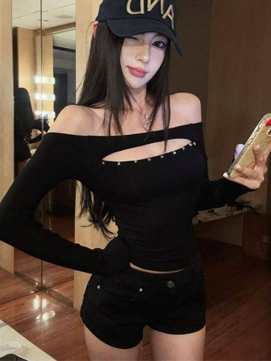 Spicy Girl One-Shoulder Hollow-Out Long-Sleeve Top - Spring/Autumn Slim-Fit Off-the-Shoulder Style