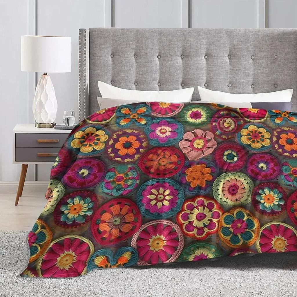 Colourful Crochet Blanket Soft Warm Flannel Throw Blanket Plush for Bed Living Room Picnic Travel Home Couch