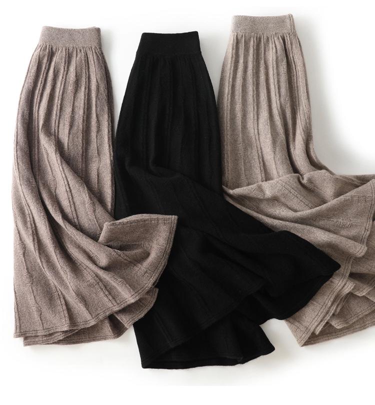 100% Pure Wool Women's Spring-Autumn Mid-Length High-Waisted Pleated A-Line Cashmere Knitted Umbrella Skirt