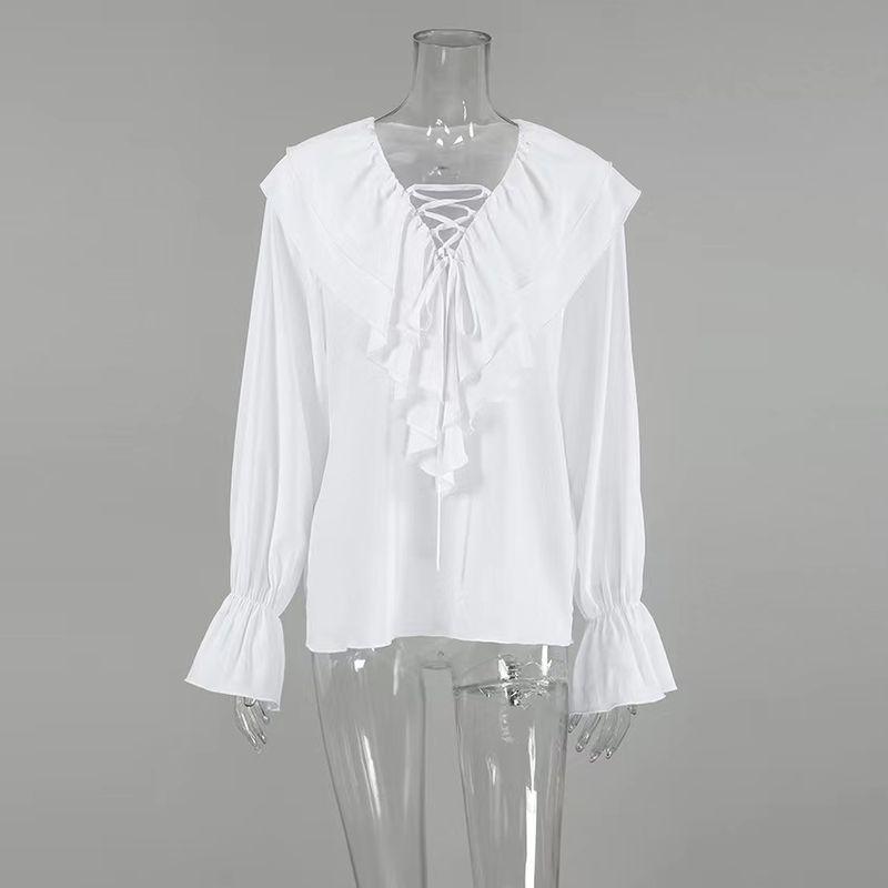 

Fashion New Arrival White Chiffon V-neck Lace-up Loose Shirt Chiffon V-neck Lace up Shirt White L