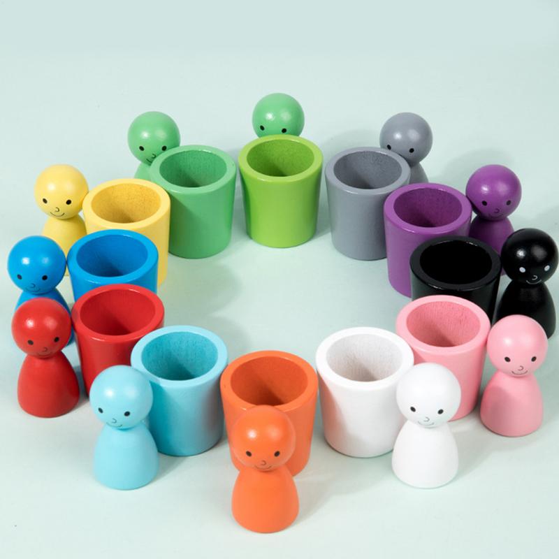 Wooden Children's Early Education Color Sorting Cups Montessori Color Cognition Exercise Hand-eye Coordination Educational Toys