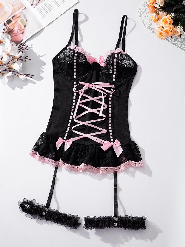 European & American Sexy Lace Lingerie: Pure Desire Style with Bow & Leg Accent, One-Piece for Girls.