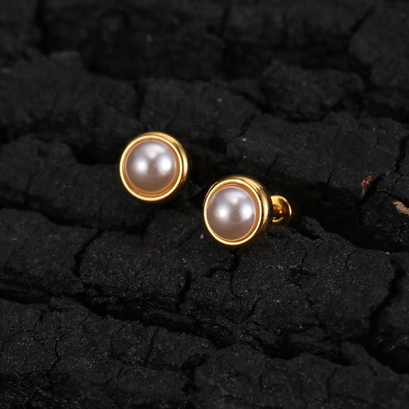 1 Pair Vintage Imitation Pearl Stud Earrings For Women Gold Color Titanium Steel Jewelry Gifts