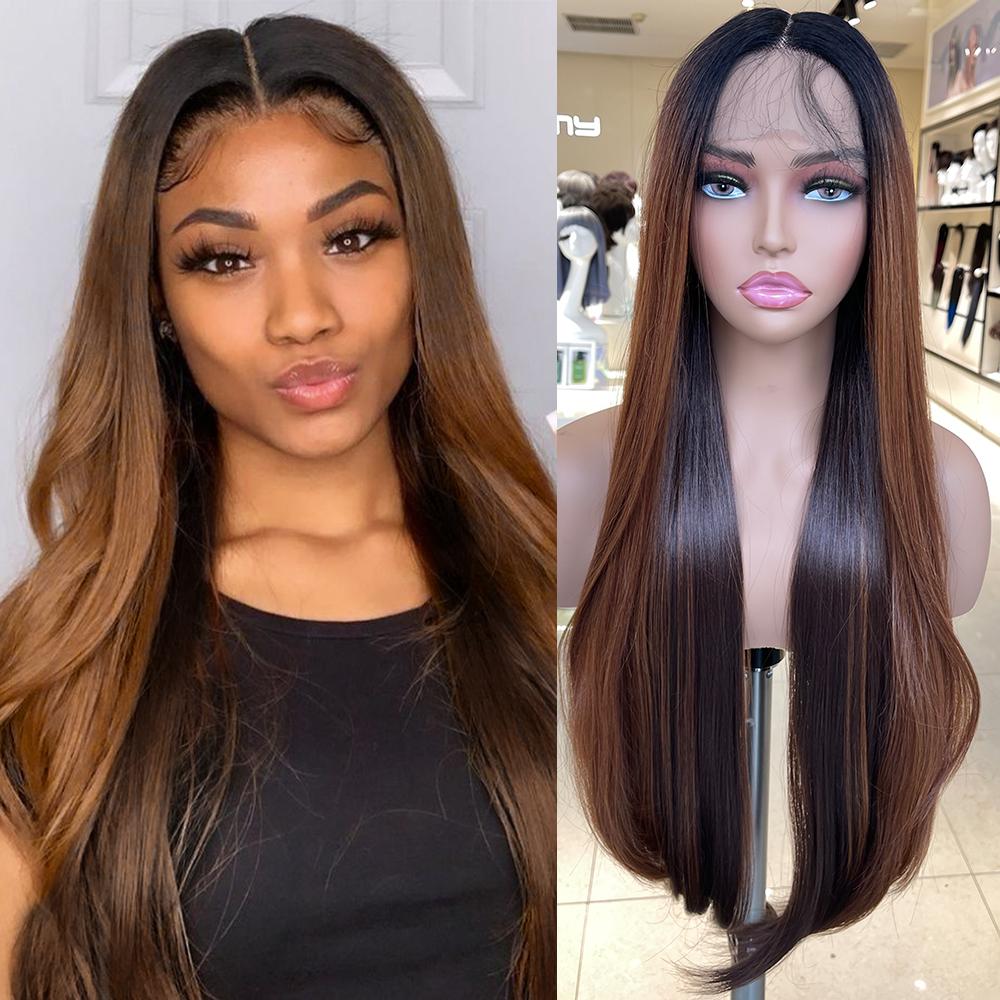 Long Straight Synthetic Lace Wig 32In Middle Part Wigs with Pre Plucked Baby Hair Brown Color Heat Resistant Fiber for Women
