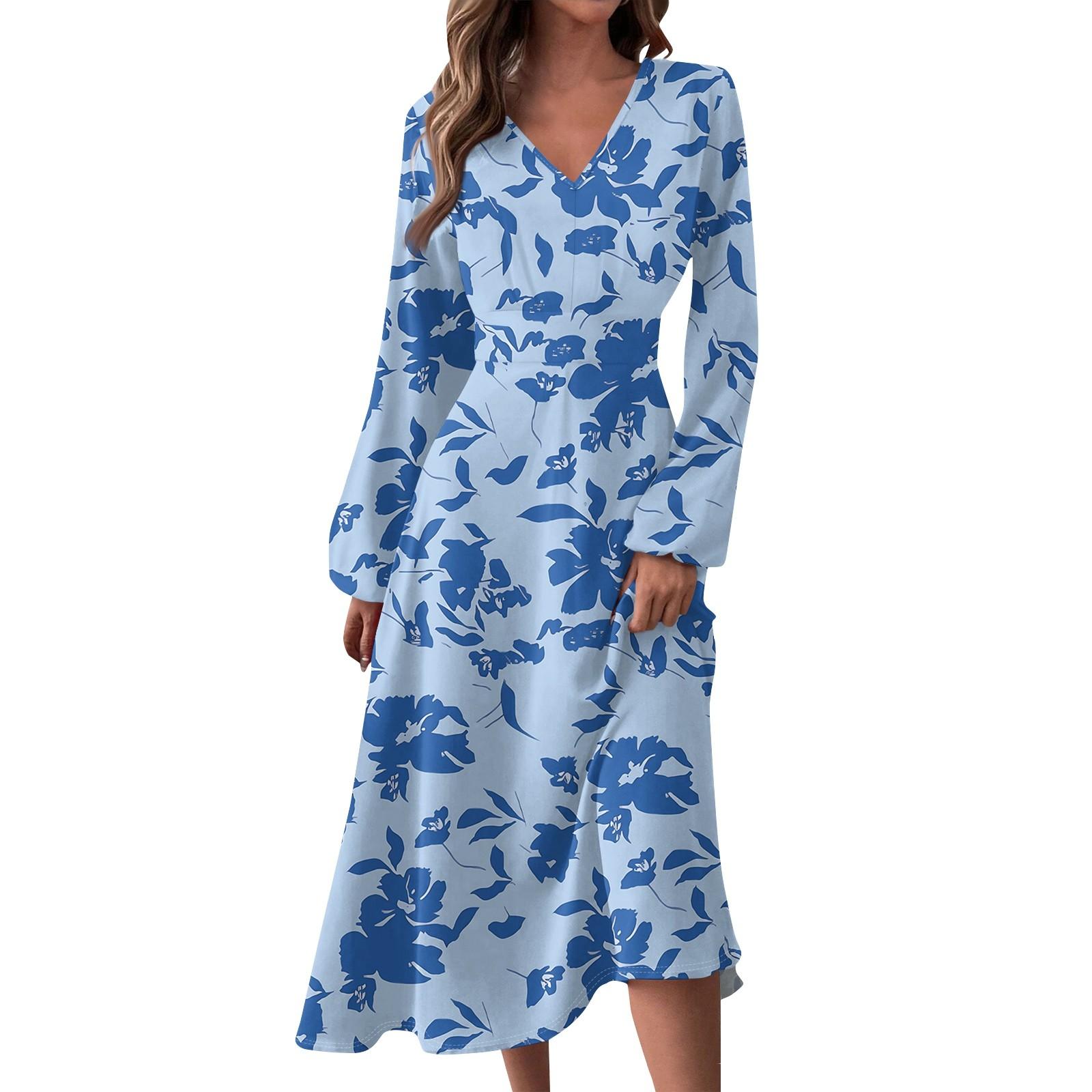 Women s And Winter Casual Fashion V-neck Long Sleeve Print Long Dress L синий