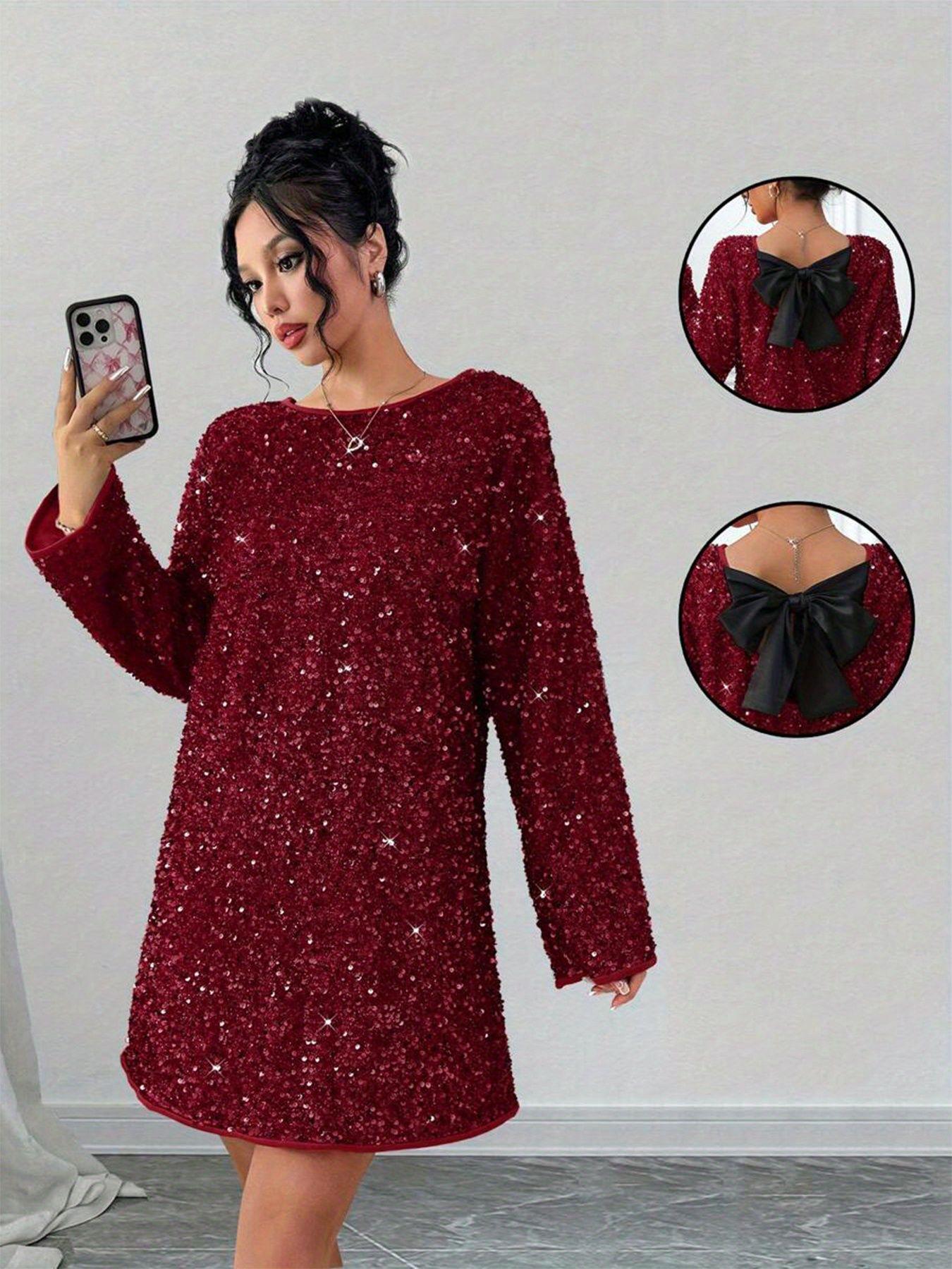 

Wine Red Sequined Long-Sleeve Dress for Women with Back Bowknot, Loose Short Style, Party Wear, In-Stock New Arrival. Medium