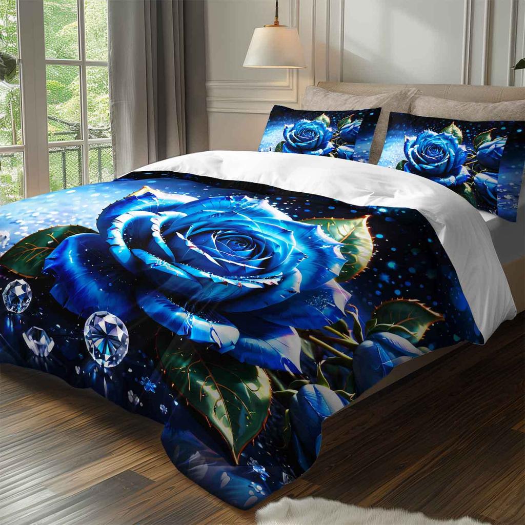 3pcs Luxury Blue Rose Bedding Duvet Cover Set Romantic Rose Bedding Quilt Set Floral Themed Bed Quilt Set Sparkling Diamonds