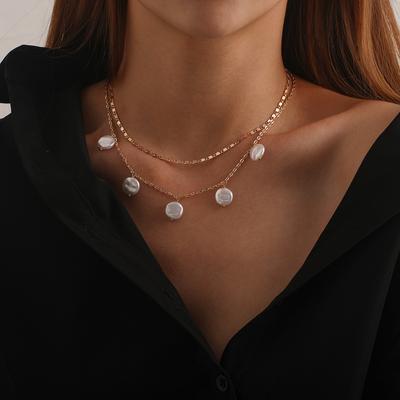 Fashion Round Cake Pearl Pendant Necklace Women, Temperament Simple Chain Multi-layer Item Decoration