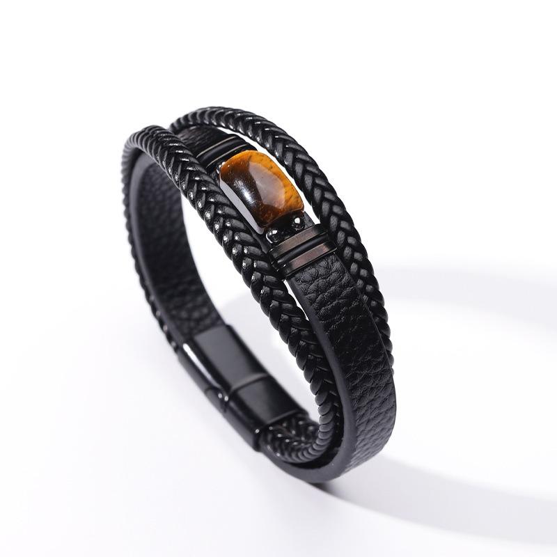 Tiger's Eye Stone Bracelet Men's Multi-layer Rope Leather Bracelet Stone Bracelet Magnet Buckle Bracelet Men's Jewelry