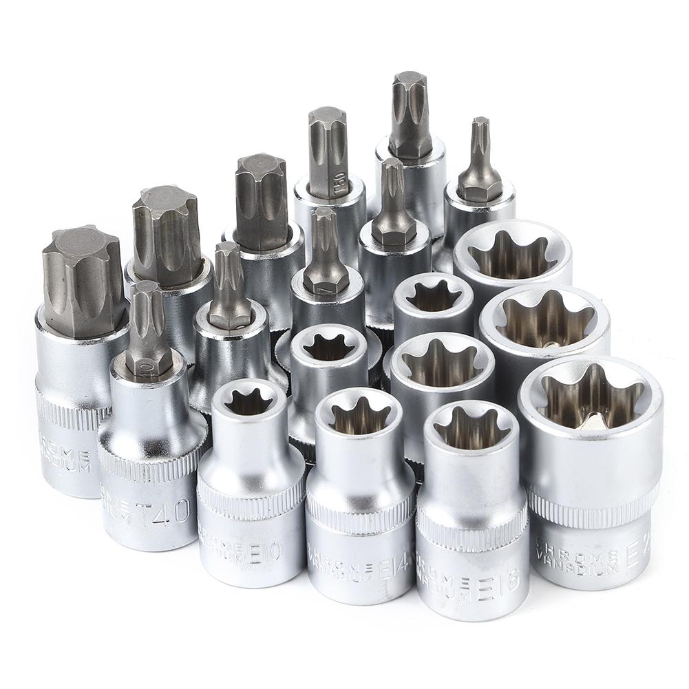19Pcs Set 1 2in Drive Star Hex Socket Bit Kit E Type Male Female Car Repairing Tool