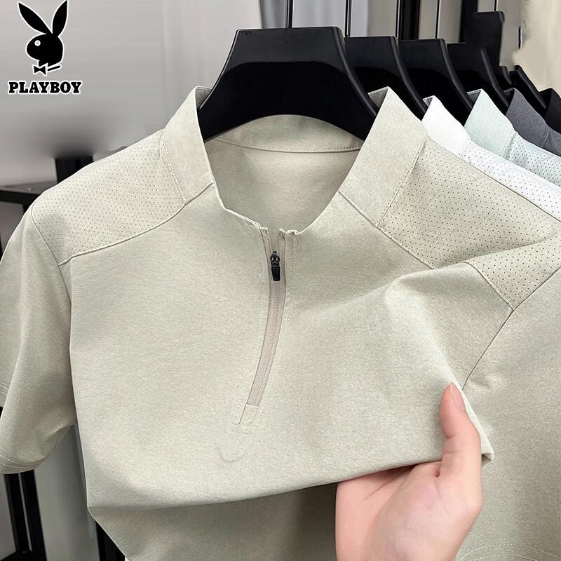 PLAYBOY Men s Ice Silk Stand Collar Half-Zip T-Shirt XL