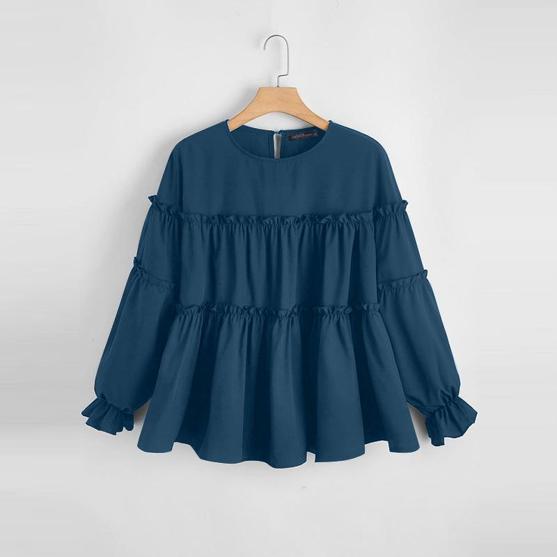 

ZANZEA Женская повседневная свободная блузка с длинным рукавом и круглым вырезом