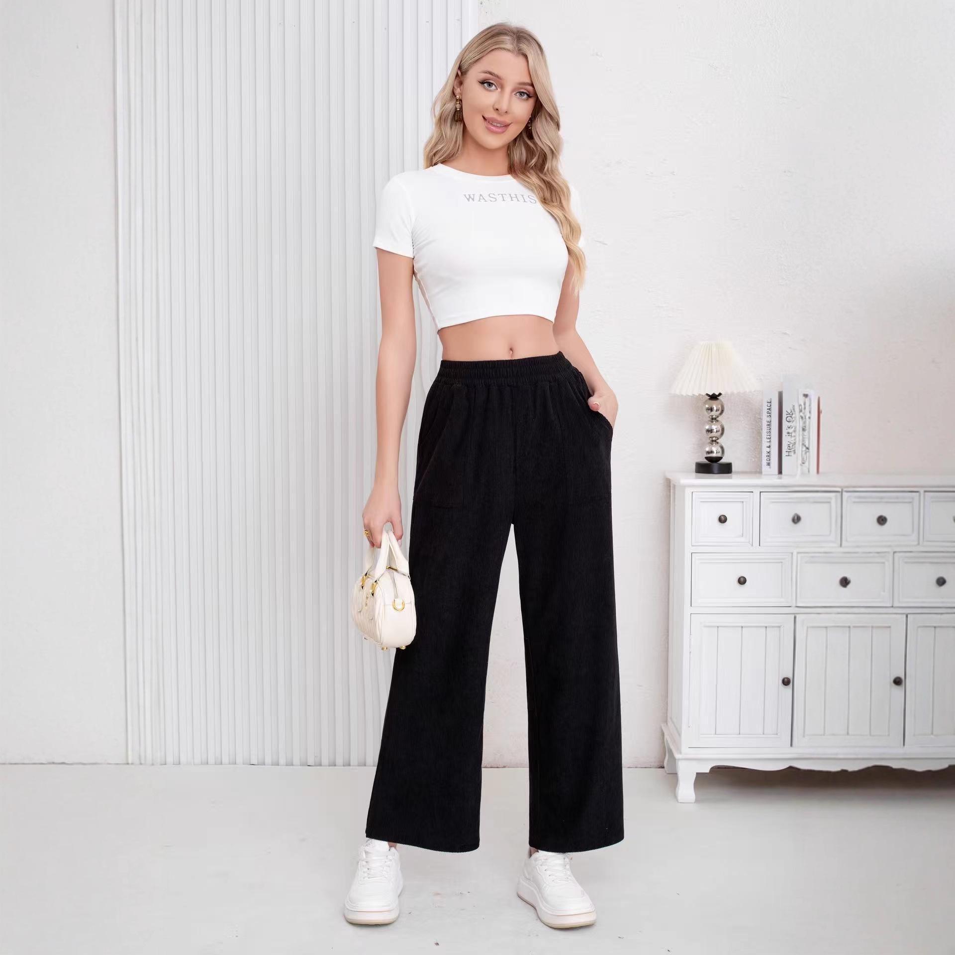 2025 Retro Casual Corduroy Striped Women s Autumn/Winter Pants - Trendy European and American Style XXL чёрный