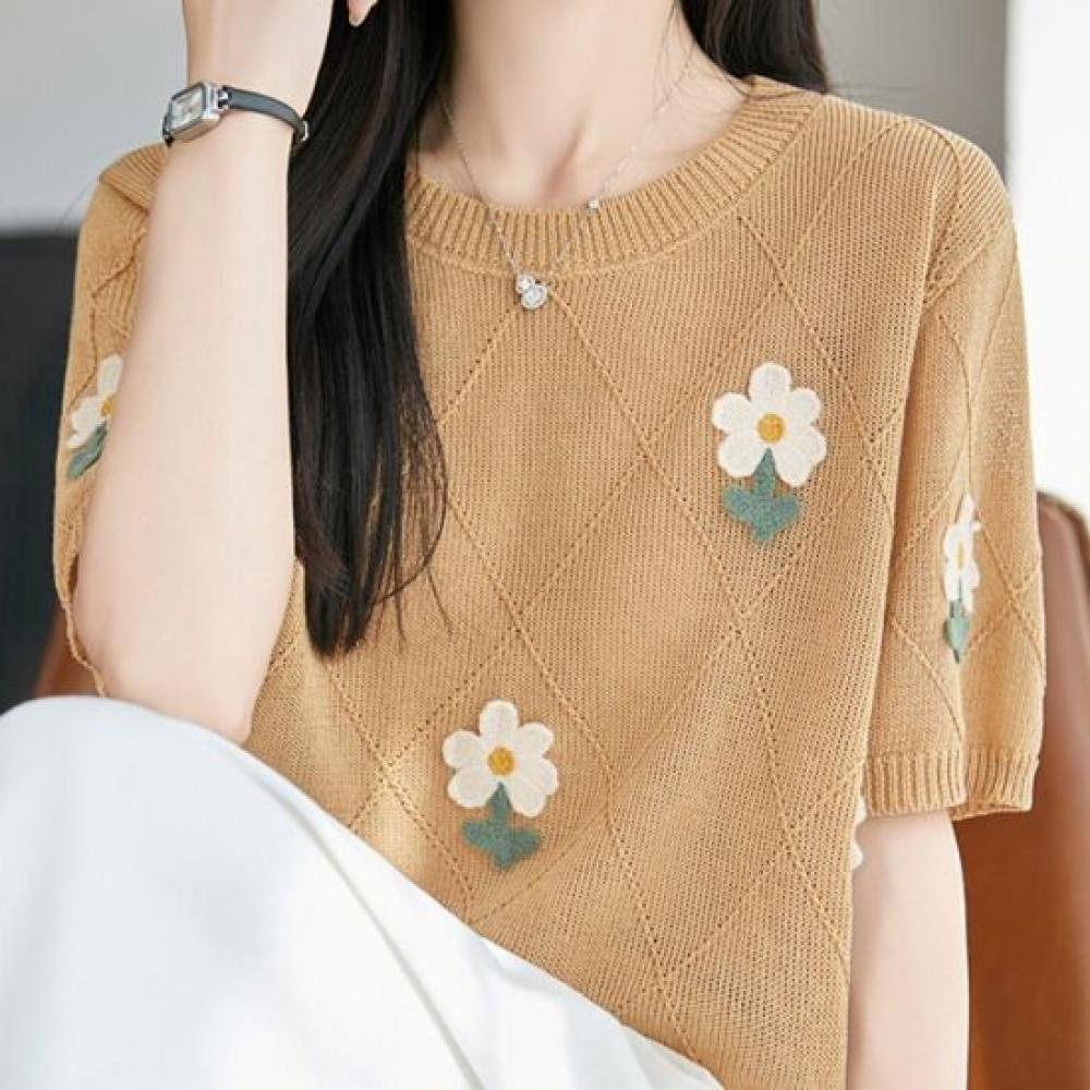 Navava Women S Diamond Flower Embroidery Round Neck ShorT Sleeve KniT T Nk3687