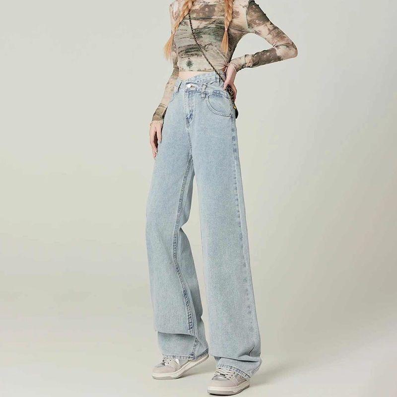 Designové džíny s širokými nohavicemi se zkříženým zapínáním pro ženy na jaro a podzim, nové, s vysokým pasem, slim, podlahu lízající, úzká verze dámských rovných kalhot