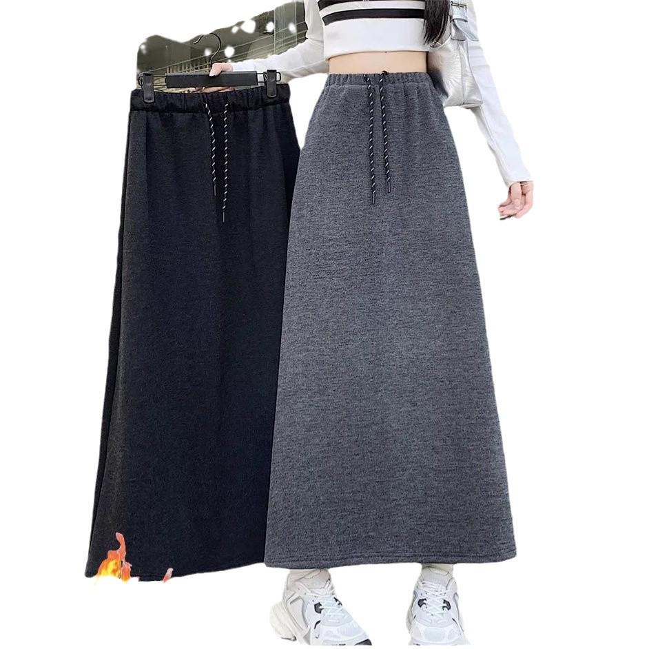 Women's High-Waist Korean Style Color Block Drawstring Fleece Lined Midi Skirt - Autumn/Winter A-Line Design