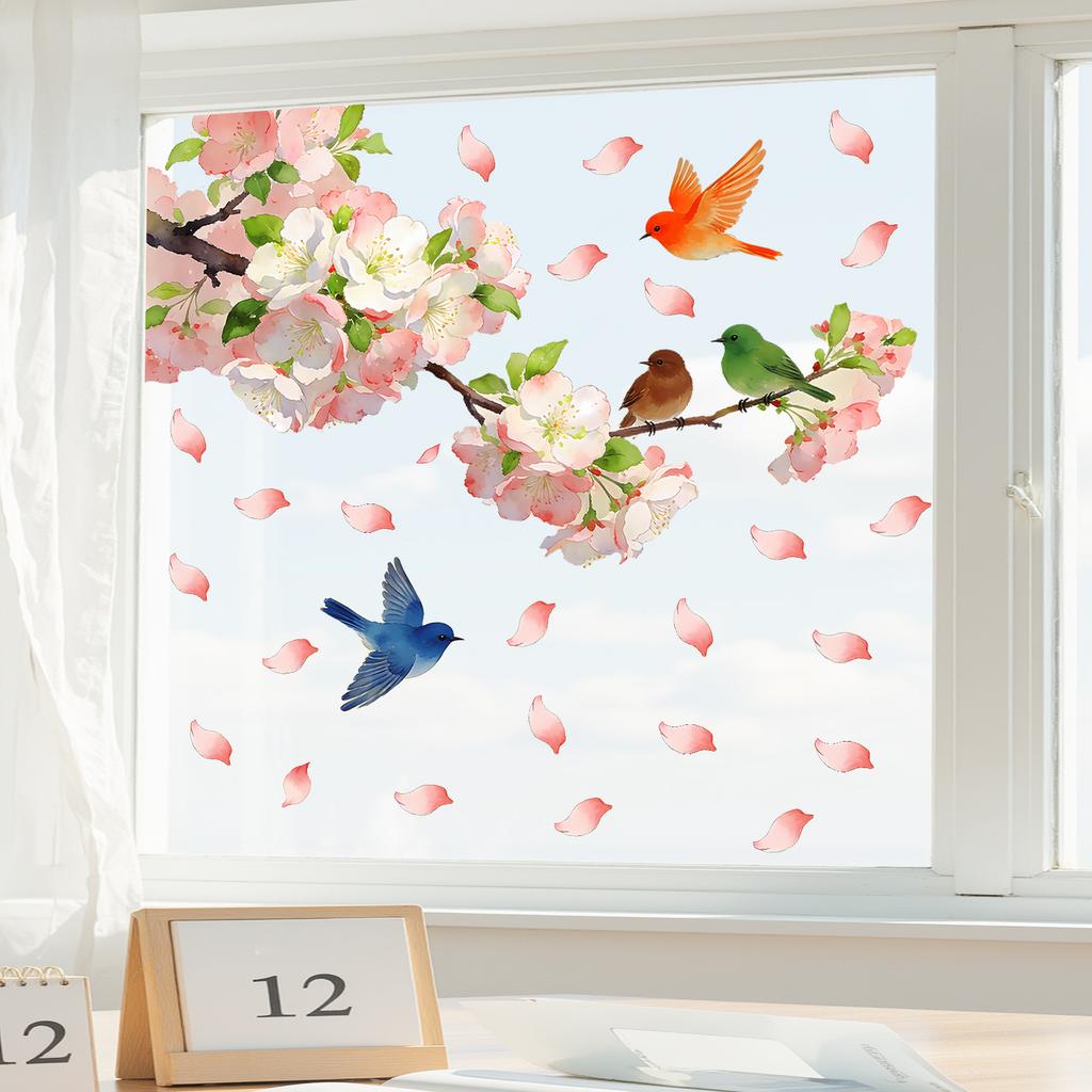 Floral Branch with Bird Static Cling Window Stickers No Glue Removable Reusable for Bedroom Living Room Study Home Decor