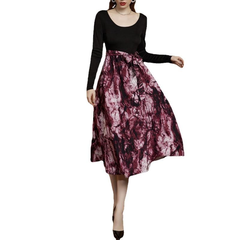 

Весенне-осеннее женское платье с длинным рукавом и U-образным вырезом, элегантное платье с принтом XL бордовый