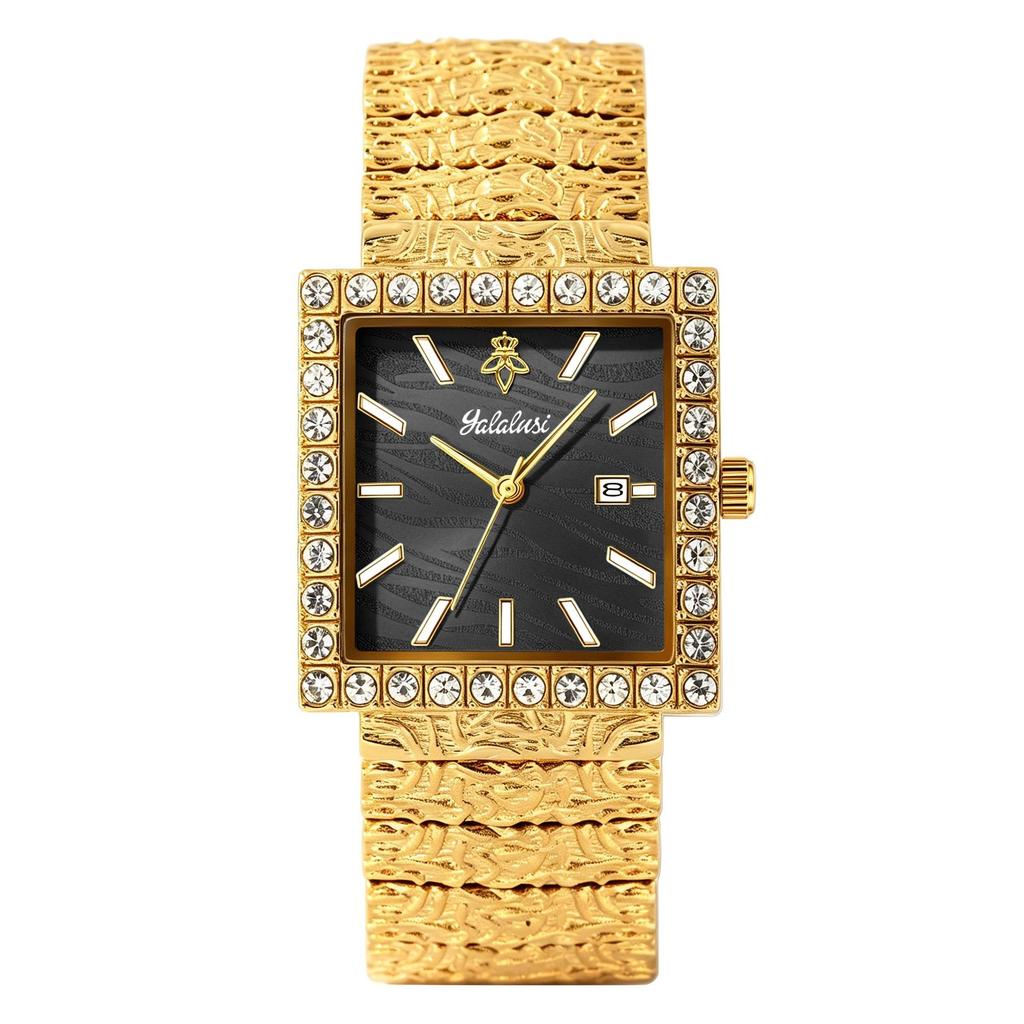 Luxury Square Quartz Watch Crystal Bezel Textured Dial Vintage Carved Metal Bracelet Waterproof Daily Dress Watch for Men Women Couple Matching Watch