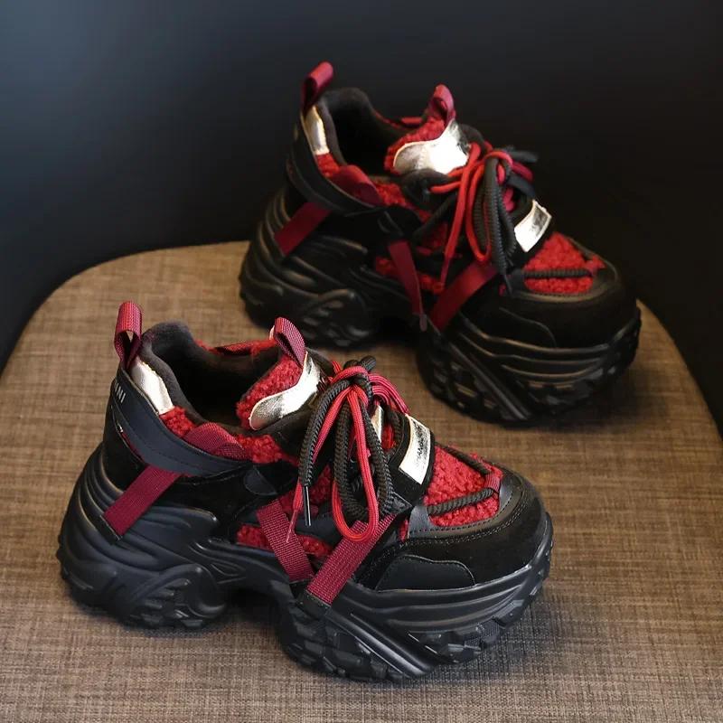 Fashion 9.5CM Women Microfiber Leather Spring Chunky Sneakers Winter Plush Fashion Ankle Booties Autumn Platform Wedge Flats Shoes