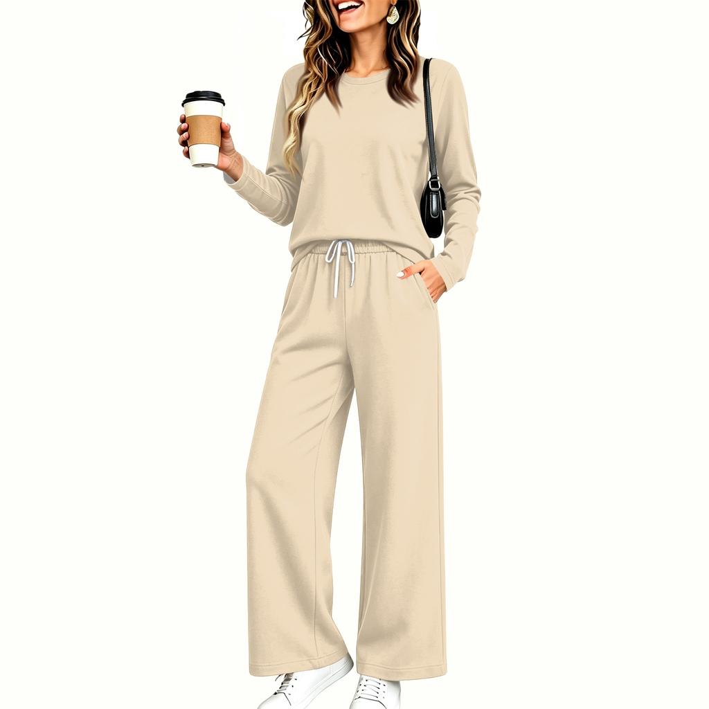 Women's Pajama Set with Pockets, Long Sleeve Round Neck Loose Fit Sleepwear for Home