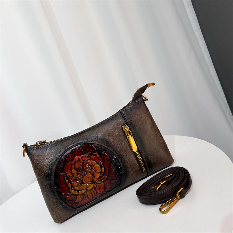 

Retro ethnic style flower embossed lightweight luxury high quality soft durable fashion exquisite lightweight commuter outdoor crossbody shoulder bag off білий колір
