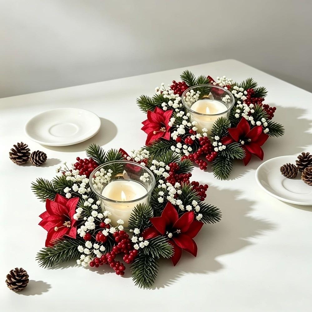 Pinecone Artificial Wreath Candle Rings Red Berry Wreath Candle Holder  Table Decor