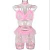 Women Sexy Pink Feather Lingerie Set Gauze Feather Neck Lace Bra Five-Piece Underwear See-Through Sex Lingerie Set