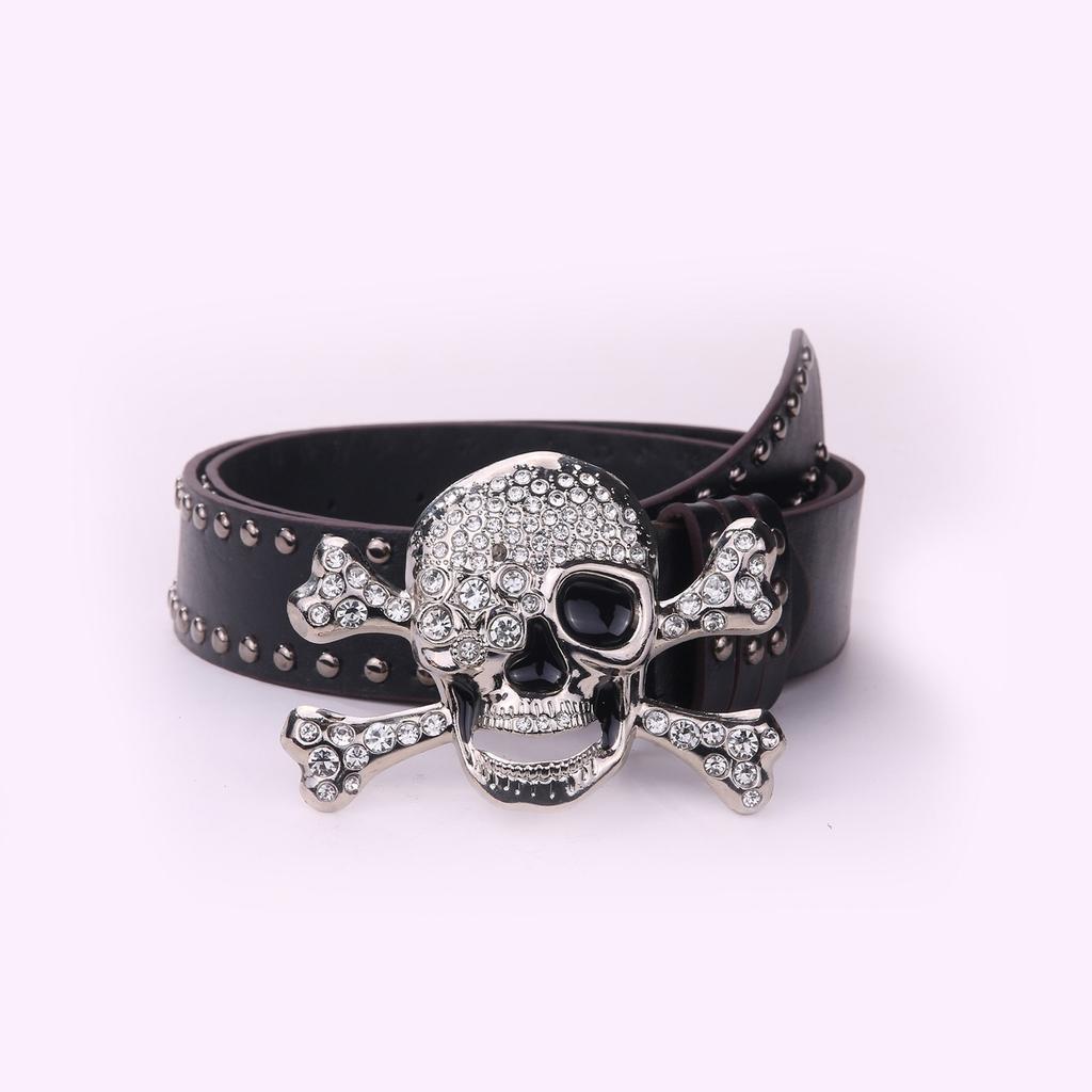 Trend PU Belt with Rhinestones Skull Buckle Waist Belt Fashion Enthusiasts Belt Coat Jeans Dress Female Waistband