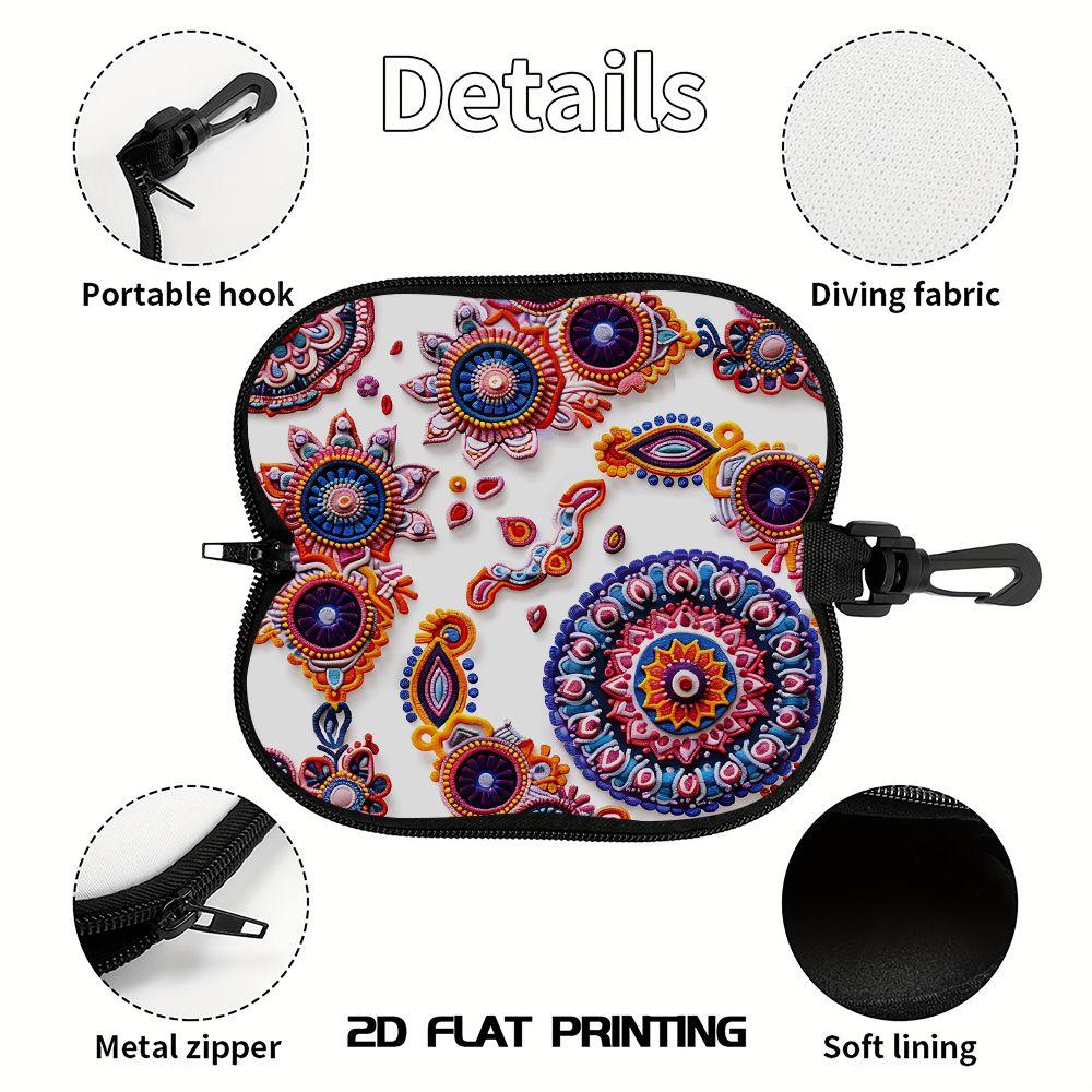 2D-Boho Floral Pattern Zipper Sunglasses Case, Decorative Mandala Print Eyewear Protective Holder, Portable Travel Spectacle Box Organizer Gift