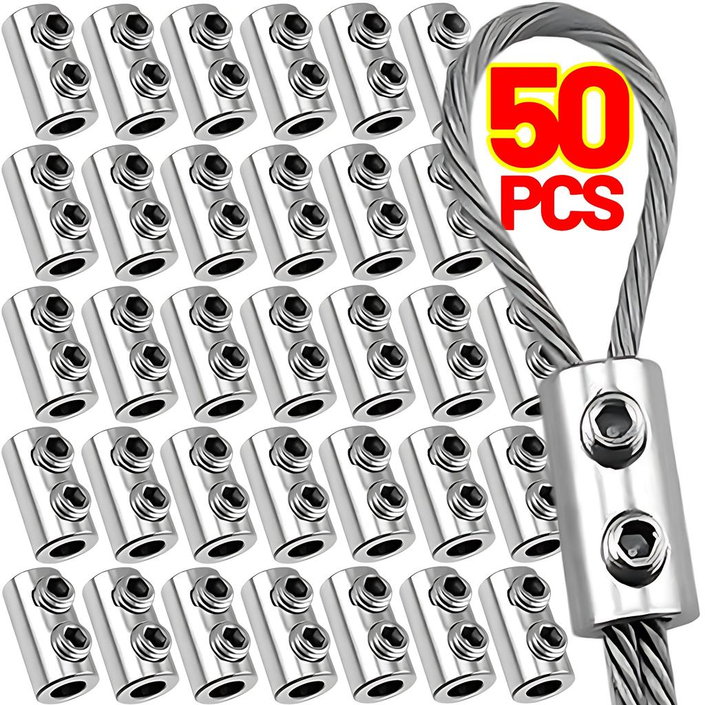 50/1PCS Steel Wire Rope Clamp Anti Slip Heavy-Duty Copper Clip Double Hole Suspension Cable Clamp Adjustable Hardware Fastener