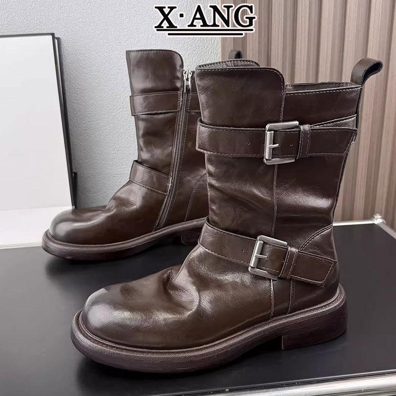 Sheepskin version retro belt buckle Martin boots women's medium boots thick heel locomotive thin boots stack boots knight boots