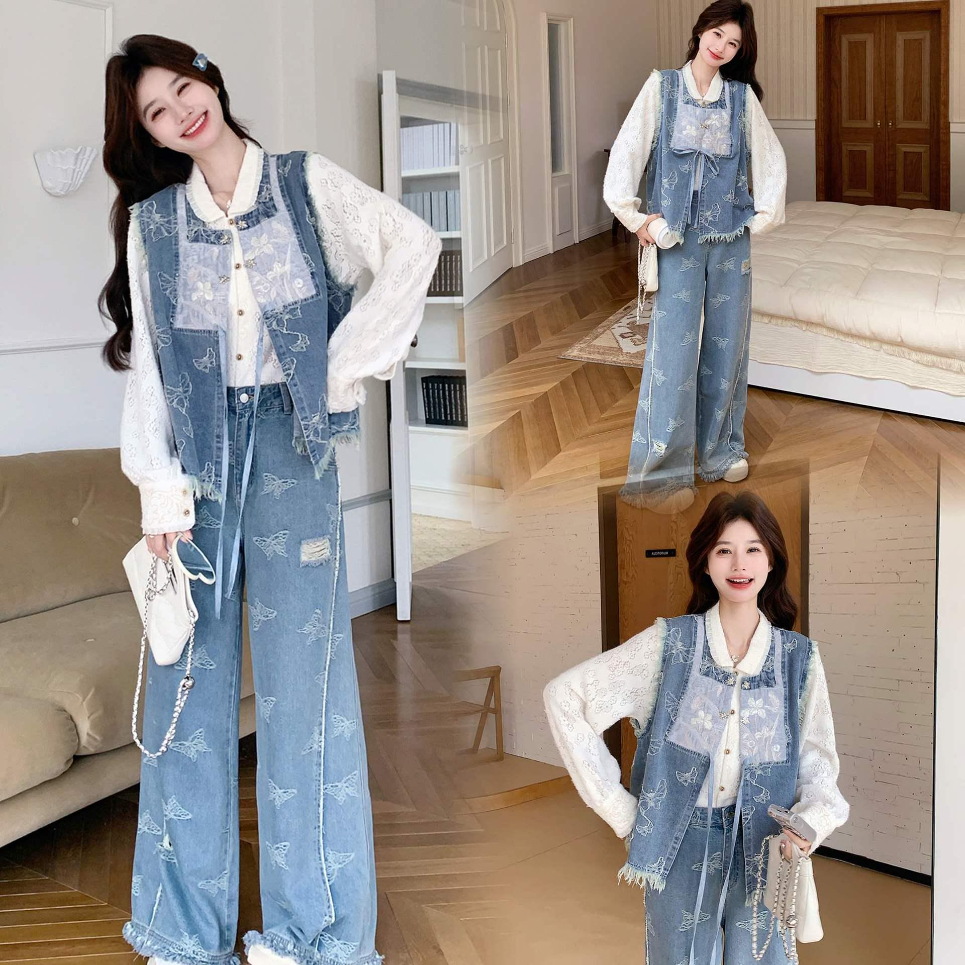 

7386 Modern Chinese Butterfly Embroidery Denim 3-Piece Suit S