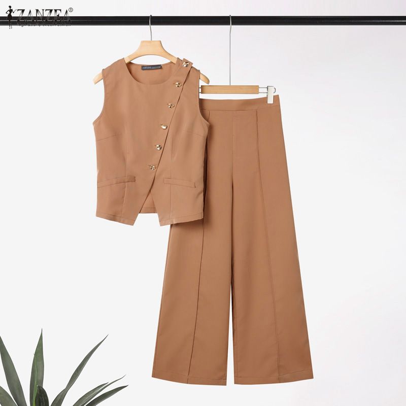 ZANZEA Dame Ermeløse Vesttopper og Bukser Sommer Todelt Draksett